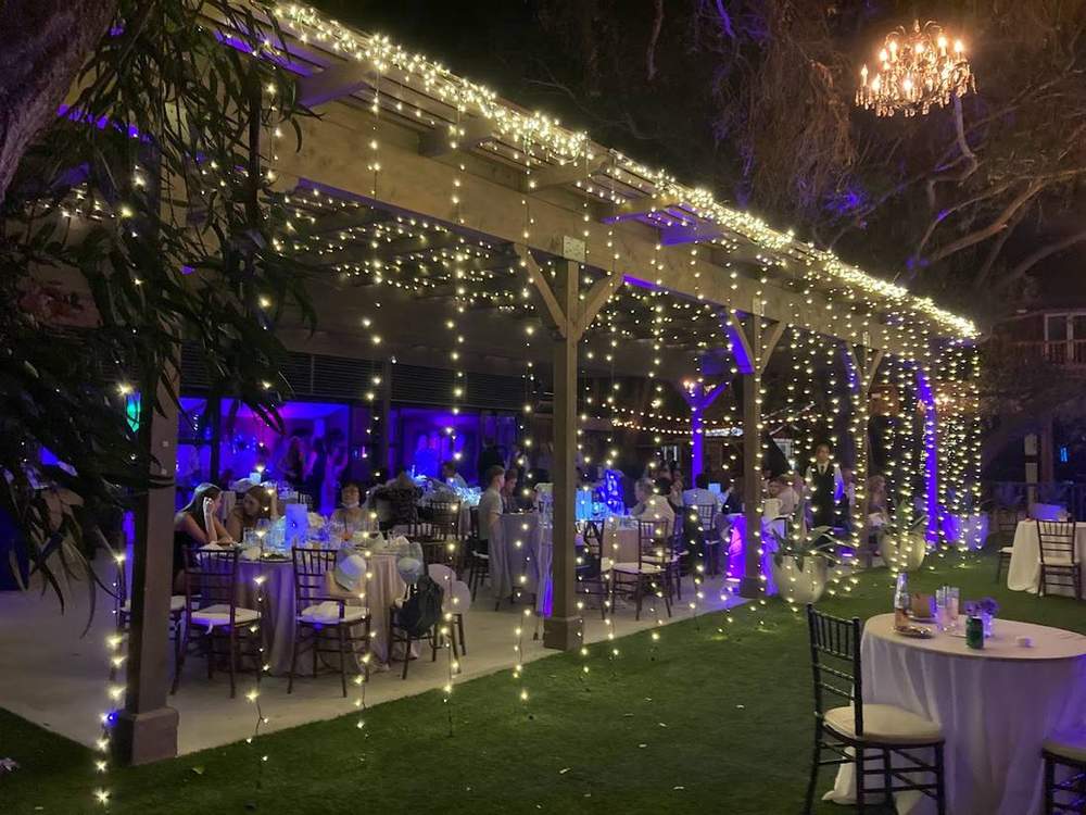 Curtain lights draped for an evening event