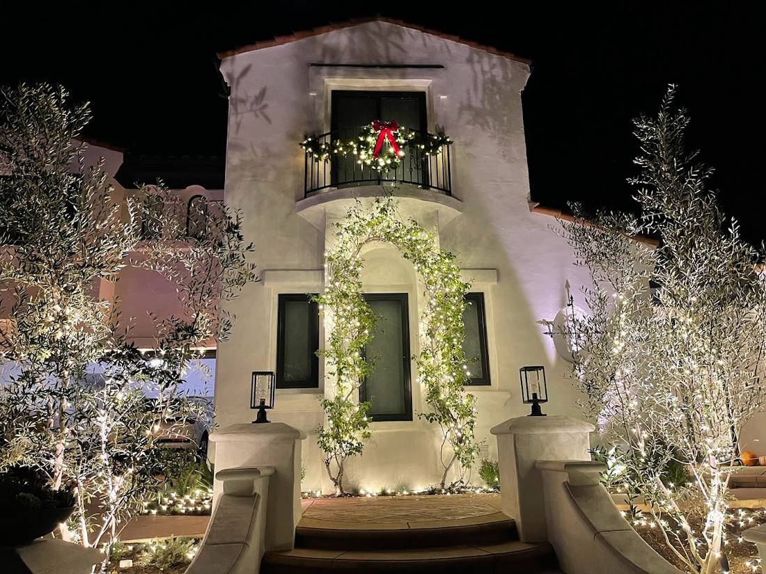 Holiday lighting on a Mediterranean-style home in Calabasas
